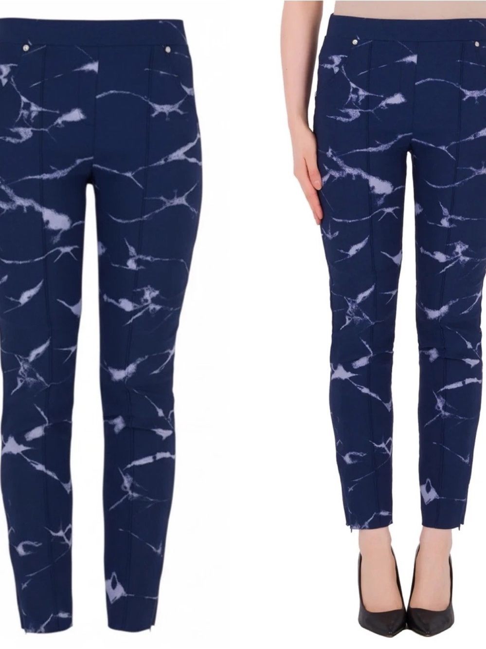 Joseph Ribkoff Navy and White Marble Tie-Dye Slim Ankle Pants